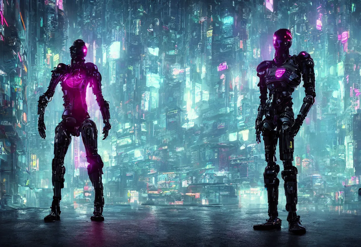 Prompt: an epic portrait of a cyberpunk knight cybernetic robot humanoid wizard wearing a neon robe posing in a mist-filled brutalist international futurist megacity, Night City, cyberpunk 2077, muted neon and constant rain and fog, unreal 5, DAZ, detailed, soft focus, brilliant colors, high contrast, brilliant highlights, 4k, 8k, HD, trending on artstation, trending on DeviantArt, painting oil on canvas illustration by Alena Aenmai by Wayne Barlowe by Gerald Brom by Noah Bradley by Thomas Kincade