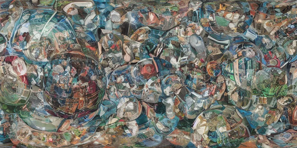 Image similar to full color gradient pattern of escher style 3 6 0 panorama with hieronymus bosch style bubbles with aerial perspective and slight blur around the edges
