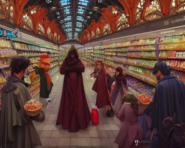 Image similar to a funeral in a supermarket, photography of kurzgesagt, deep focus, d & d, fantasy, intricate, elegant, highly detailed, digital painting, artstation, concept art, matte, sharp focus, illustration, hearthstone, art by artgerm and greg rutkowski and alphonse mucha