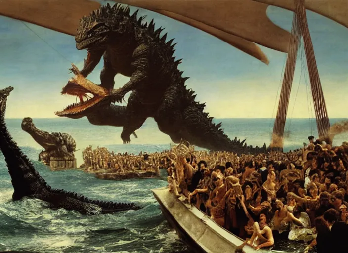 Image similar to godzilla attacking the raft of the medusa, painting by lawrance alma - tadema, by roger corman, 4 k, hyper - realistic, highly detailed