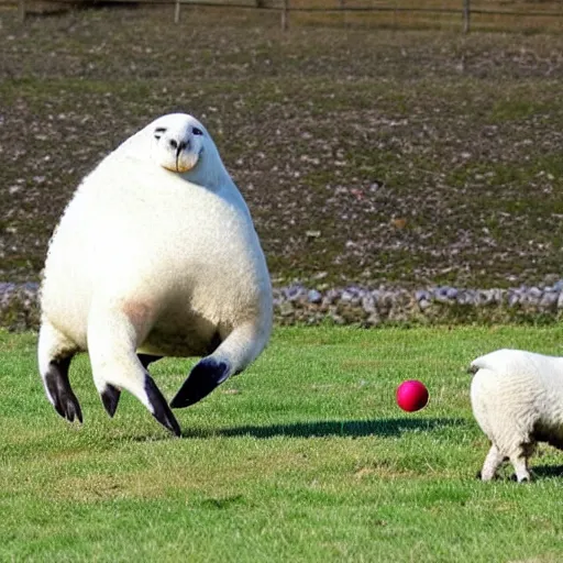 Image similar to seal tossing a ball with a sheep, award winning photo