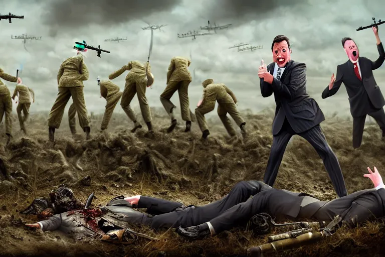 Image similar to one Comedian in suit and tie performing in a battle-field with dead bodies on the ground, detailed face, comedian is funny, performing to dead soldiers, nuclear bomb in far horizon, apocalypse, trending on artstation, artstationHD, hyperdetailed matte painting, highly detailed, digital painting, hyper-realistic, realistic, photo-realistic