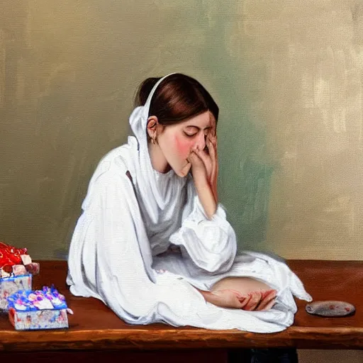 Image similar to a girl with a white headkerchief sitting alone on a birthday table looking sad high detailed painting