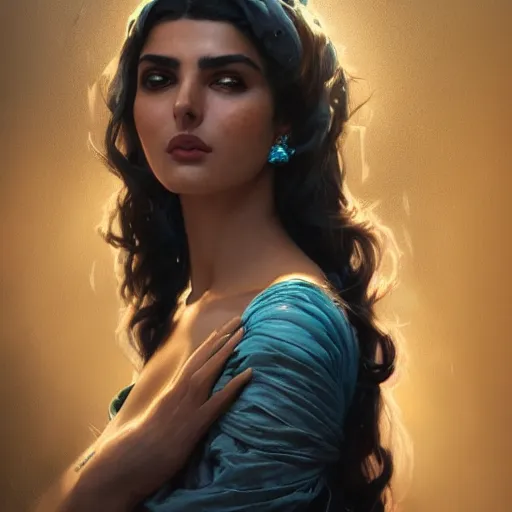 Prompt: a Photorealistic dramatic render of greek arab ameera al taweel, blue eyes, wavy black hair, turquoise veil, by WLOP, Artgerm, Greg Rutkowski, Alphonse Mucha, Beautiful dynamic dramatic dark moody lighting,shadows,cinematic atmosphere,Artstation,concept design art,Octane render,8K