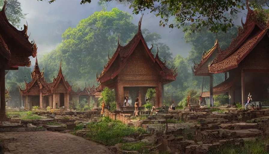 Image similar to matte painting of a beautiful sukhothai village, digital art, trending on artstation