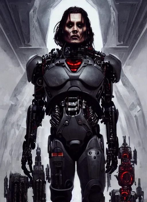 Image similar to johnny depp as victor stone, full body concept, cyborg, borg, strogg, face of a man, terminator, flesh, quake strogg, doom demon, wolfenstein, monstrous, powerful, symmetry, symmetrical, concept art by ruan jia and greg rutkowski