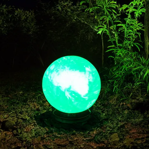 Prompt: glowing obsidian sphere in a night jungle