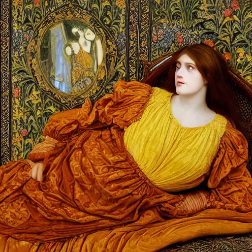 Image similar to preraphaelite photography reclining on bed, large downslanted eyes, large lips, big brown fringe, yellow ochre ornate medieval dress, charles sillem lidderdale, william morris, 4 k