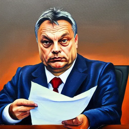 Prompt: viktor orban doing his taxes in a cubicle, oil painting