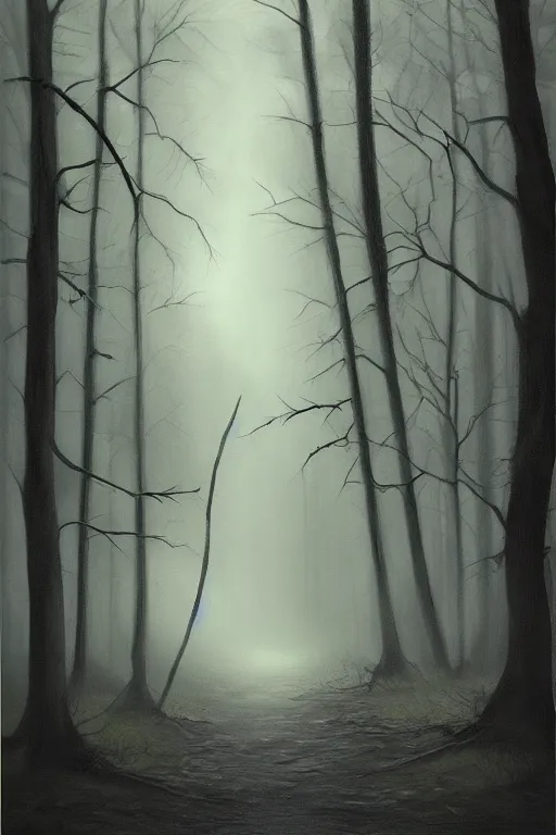 Prompt: dark and spooky woods. atmospheric, foggy, oil painting on canvas. fairytale with a wolf with glowing white eyes