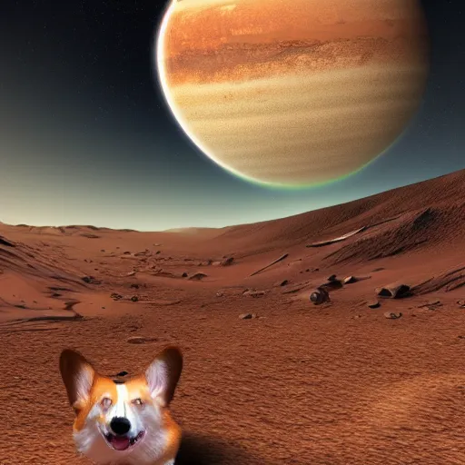 Image similar to corgi on mars concept art, ultra realistic, digital art, gothic, rich deep colors, smooth shadows, high resolution, cinematic