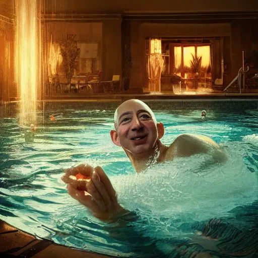 Prompt: jeff bezos swimming in a pool filled with cash, 4 k, photography, extremely detailed, digital art, trending on artstation, greg rutkowski, cinematic lighting, hyperrealistic