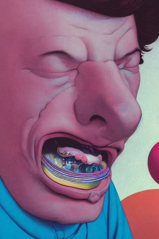 Prompt: a scifi closeup portrait of a young italian man licking a blotter paper of LSD acid on his tongue and dreaming psychedelic hallucinations in cosmos, by kawase hasui, moebius, Edward Hopper and James Gilleard, Zdzislaw Beksinski, Steven Outram colorful flat surreal design, hd, 8k, artstation