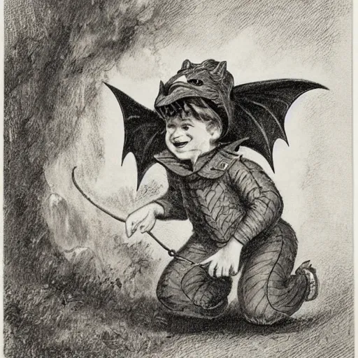 Image similar to by alfred parsons, by peter sculthorpe spirited. a drawing of a young boy disguised as a dragon. the boy is shown wearing a costume with dragon - like features, including a long tail, wings, & horns. he has a large grin on his face, suggesting that he is enjoying his disguise.