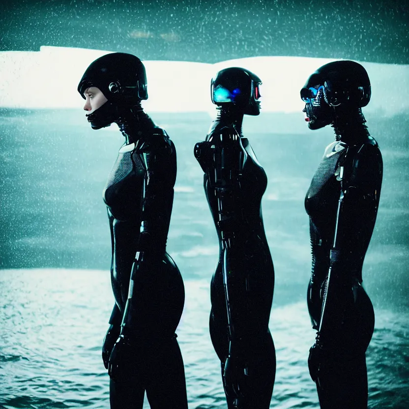 Image similar to cinestill 5 0 d candid photographic portrait by christopher nolan of two loving female androids wearing rugged black mesh techwear in treacherous waters, clear sky with planets, helicopter, medium closeup, modern cyberpunk moody emotional cinematic, pouring iridescent rain bright spotlight, 8 k, hd, high resolution, 3 5 mm, f / 3 2, ultra realistic faces, ex machina