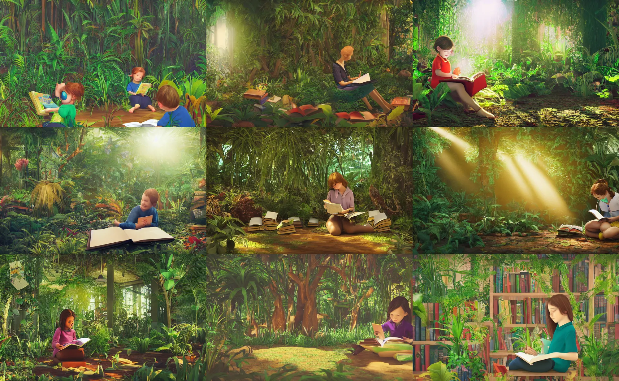 Prompt: photography of a librarian reading for children, in library jungle filled with vegetations, wimmelbilder, god rays, raytracing effects, 8 k, photorealistic, 2 4 mm