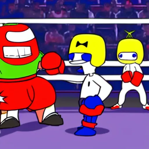 Image similar to homestarrunner in a boxing match with strong bad, strong mad and the cheat on the sidelines cheering them on