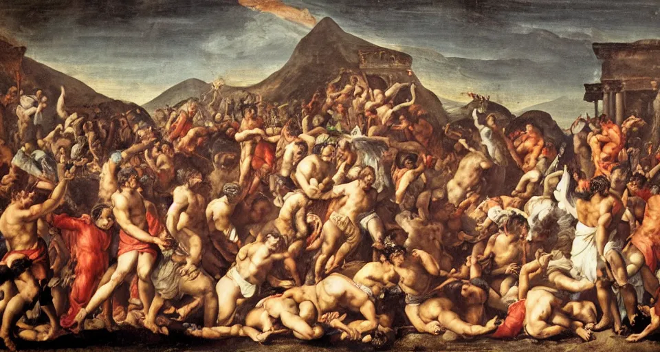 Image similar to mosh pit at music festival in pompeii while mount vesuvius is erupting, fresco, michaelangelo