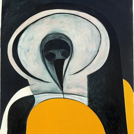 Prompt: by ernst wilhelm nay bleak. a beautiful experimental art of a giant head. the head is bald & has a big nose. the eyes are wide open & have a crazy look. the mouth is open & has sharp teeth. the neck is long & thin.