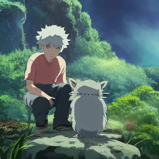 Image similar to guy and small creature , with Fragile looking character portrait face made by Studio Ghibli highly detailed art, beautiful scene, sharp focus, smooth, nostalgic 8k, anime art