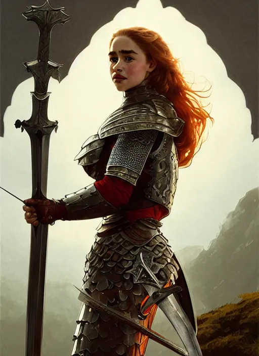 Prompt: staring seductevely portrait of emilia clarke as a knight, medival armor, redhead, sword, dark ages, intricate, headshot, highly detailed, digital painting, artstation, concept art, sharp focus, cinematic lighting, illustration, art by artgerm and greg rutkowski, alphonse mucha, cgsociety