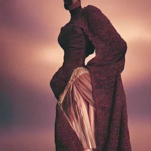 Image similar to Fashion photography of a woman wearing an outfit inspired by Dune (2021), artistic photography, cinematic lighting, insanely detailed, cinestill 800t, Vogue magazine