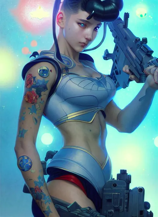 Prompt: sailormoon with tattoos wearing tactical gear, intricate lights, bio luminescent, plasma, by ruan jia and artgerm and range murata and wlop and ross tran and william - adolphe bouguereau and beeple. key art. fantasy illustration. award winning, artstation, intricate details, realistic, hyperdetailed, 8 k resolution.