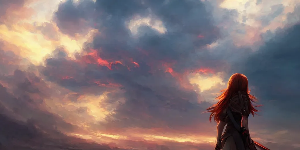 Image similar to back shot of one single beautiful girl gazing back into distance land, holding a oversized sword. digital art by wlop. artstation contest winner, cinematic paint. lower shot. fiery dramatic cloud in background.