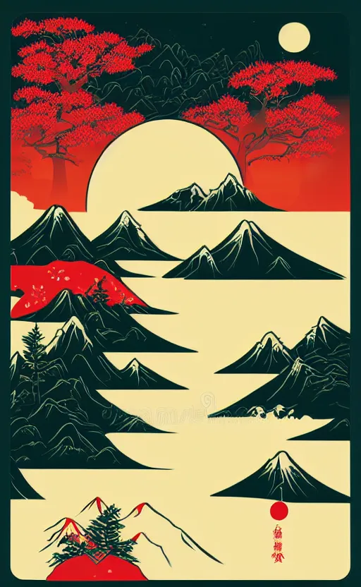 Image similar to hanafuda, a big red charm is floating above a forest of japanese pines, a big red sun in the background, original style, front game card, vector line art, trending on behance, concept art, stunning, matte