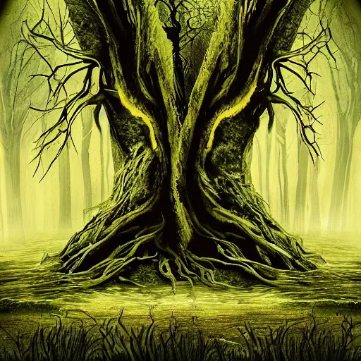 Image similar to the evil swamp you can only get to in your dreams where all the darkness is in the depths and the tree is rise high to the sky