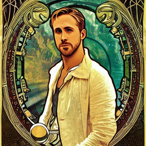 Image similar to A delicate painting of Ryan Gosling in Drive 2011 sitting at a pond, by Alphonse Mucha, art nouveau, detailed, elegant