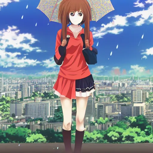 Image similar to an anime girl standing in the middle of an expansive city, rainy season, detailed, smooth