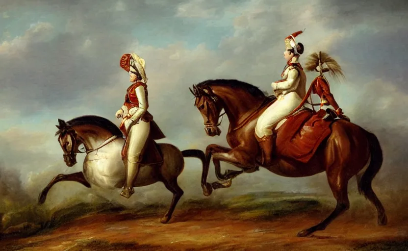 Image similar to woman in napoleonic dress standing on a galloping horse on a battlefield