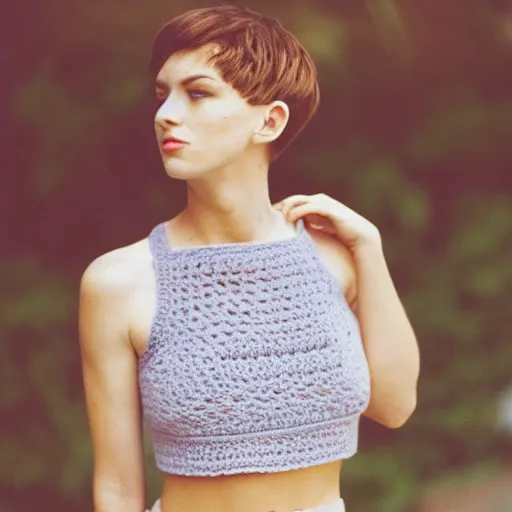 Prompt: A photo of a caucasian female model with short hair wearing a crocheted croptop, professional photography, Fujifilm Quicksnap 400 photography, side profile, HD