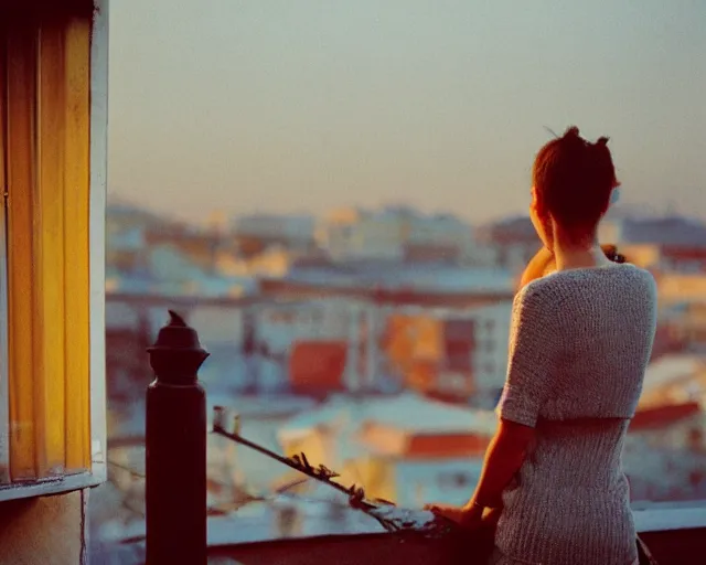 Image similar to lomo photo of pair standing on small hrushevka balcony full with cigarette smoke in small russian town looking at sunset, cinestill, bokeh