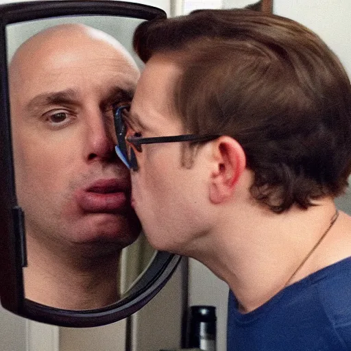 Prompt: jobe from arrested development kissing his own reflection in the mirror