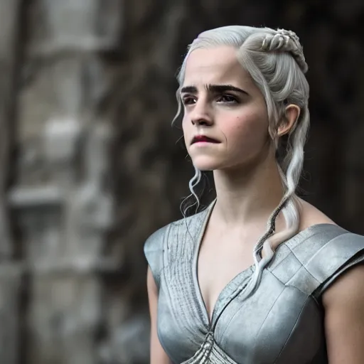 Prompt: Emma Watson as Daenerys Targaryen, XF IQ4, f/1.4, ISO 200, 1/160s, 8K, Sense of Depth, color and contrast corrected, AI enhanced, HDR, in-frame