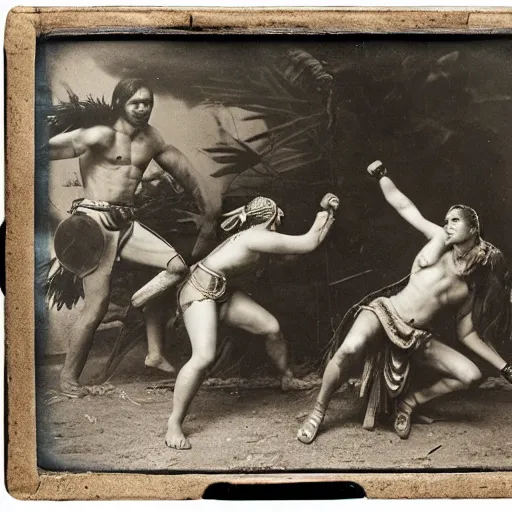 Image similar to amazonian warrior woman fistfighting spartan man, brutal fight, mixed - gender fight, fighting pit, sparta, daguerreotype photograph