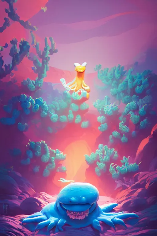 Image similar to smurf ghost creature animal sushi cristal very big eye roots cactus elemental flush of force nature micro world fluo fishscale, behance hd by jesper ejsing, by rhads, makoto shinkai and lois van baarle, ilya kuvshinov, rossdraws radiating a glowing aura global illumination ray tracing hdr