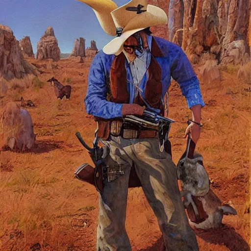 Image similar to rabbit as an old west bandit. Rabbit gunslinger by James Gurney.