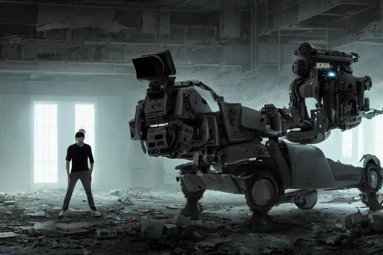 Prompt: vfx film, behind the scenes, on location, set design, m, making of, big film production, futuristic tesla robots, dilapidated war torn city, flat color profile low - key lighting award winning photography arri alexa cinematography, hyper real photorealistic cinematic, atmospheric cool colorgrade