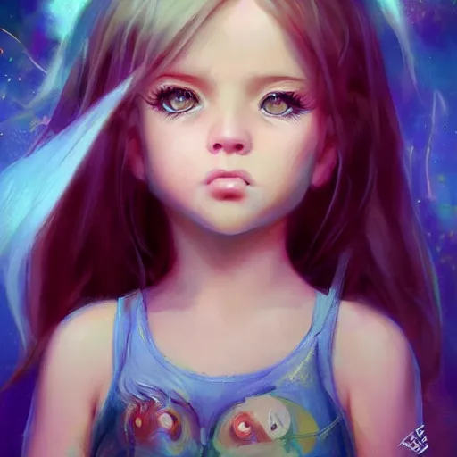 Image similar to Portrait of a beautiful little girl with big eyes, hopping for a better world free of men atrocity ,artwork by Ross Tran