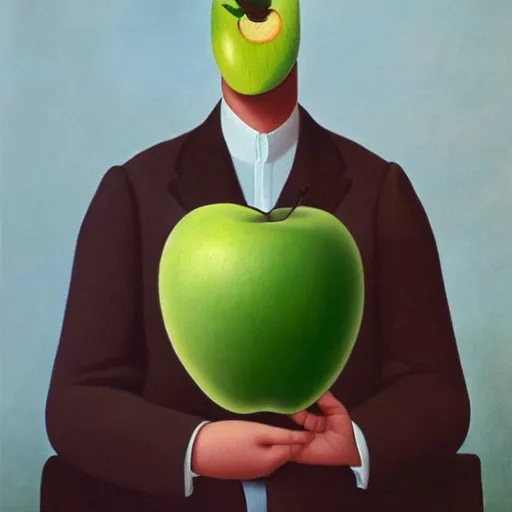 Image similar to a painting of a man with a green apple on his face, a surrealist painting by rene magritte, cg society, pop surrealism, surrealist, oil on canvas, academic art