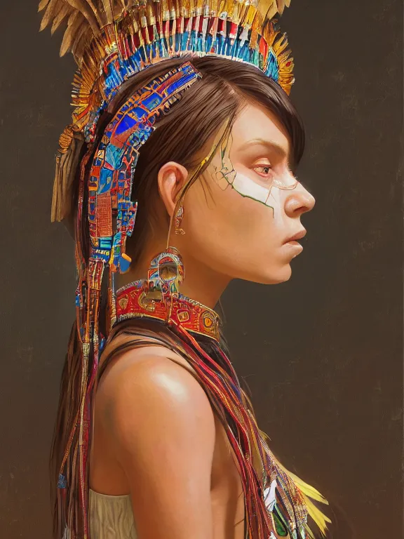 Image similar to an ultradetailed beautiful portrait painting of a girl as an aztec priestess, side view, oil painting, high resolution, by ilya kuvshinov, greg rutkowski and makoto shinkai