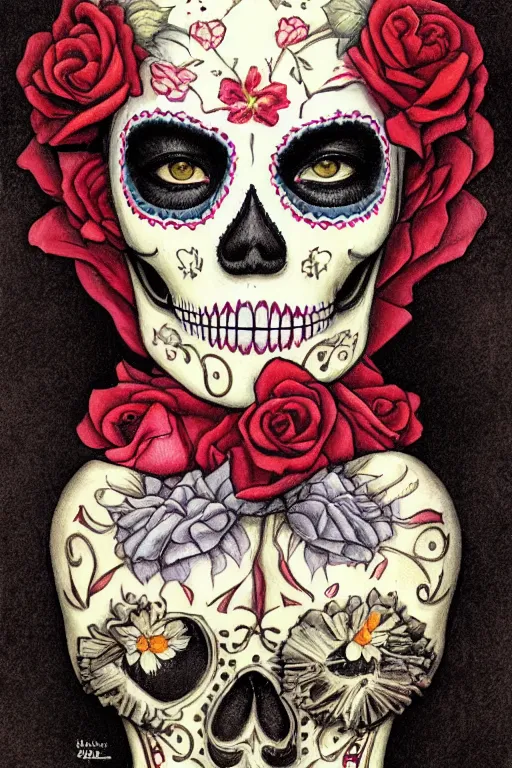 Image similar to Illustration of a sugar skull day of the dead girl, art by Gerald Brom