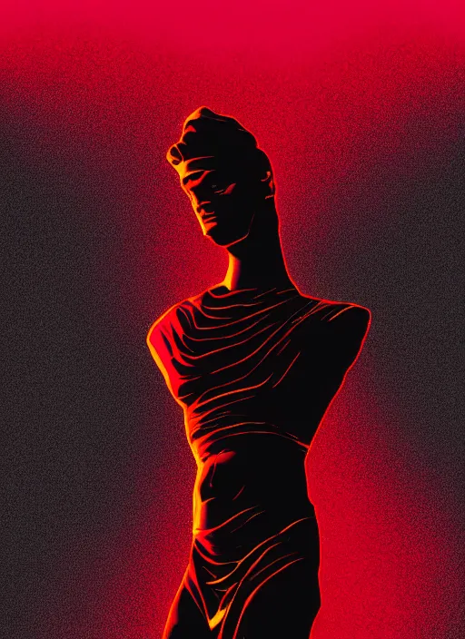 Prompt: black background with subtle red and purple design elements, greco roman statue, grey, nekro, thin lines, dark, glitch art, neo vaporwave, gritty, thin red frame, trending on artstation