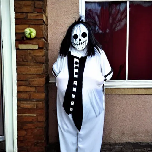 Image similar to Grandmother wearing a Jeff the Killer halloween outfit