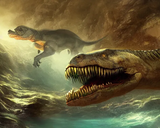 Prompt: a creepy underwater image of a t - rex lurking in the depths waiting to attack, matte painting, ultra wide shot, sharp focus, wallpaper art, dramatic lighting, artwork by shan qiao, albert bierstadt and murata ranga