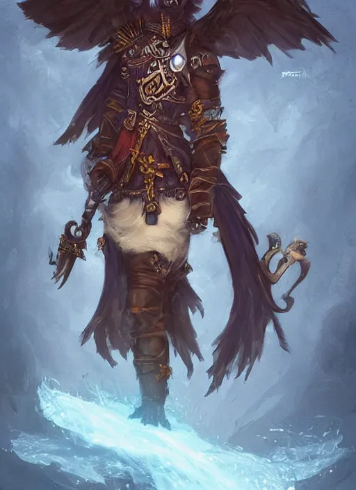 Image similar to cute little anthropomorphic crow dreamer wearing flamboyant pauldrons, tiny, small, miniature animal, baby animal, short, pale blue armor, cute and adorable, pretty, beautiful, DnD character art portrait, matte fantasy painting, DeviantArt Artstation, by Jason Felix by Steve Argyle by Tyler Jacobson by Peter Mohrbacher, cinematic lighting