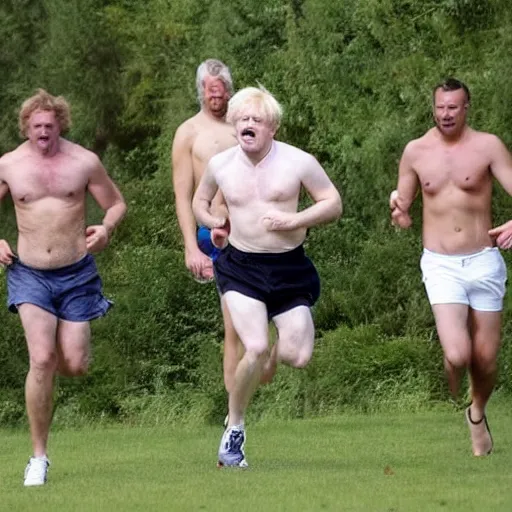 Prompt: Photo of Boris Johnson running, very hairy blond chest, shirtless, wearing white shorts